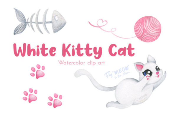 Charming White Kitty Cat Watercolor Clip Art for Creators