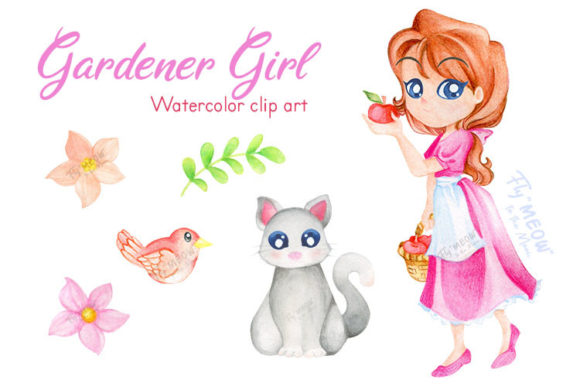Watercolor Gardener Girl Clip Art for Creative Projects